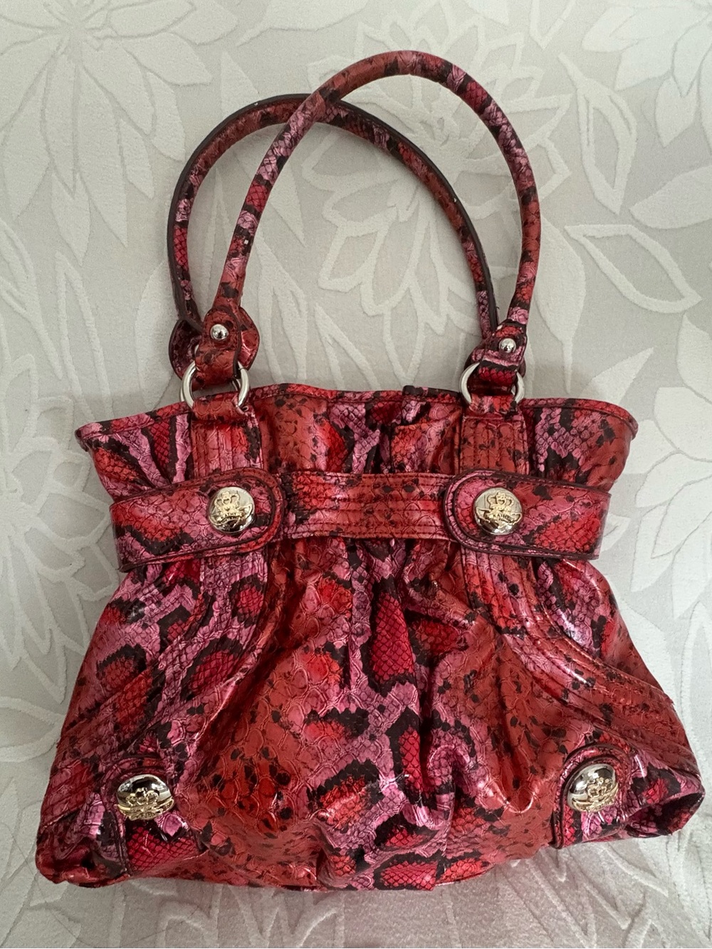 Kathy Van Zeeland Red and Pink Snake-Print Shoulder Bag
